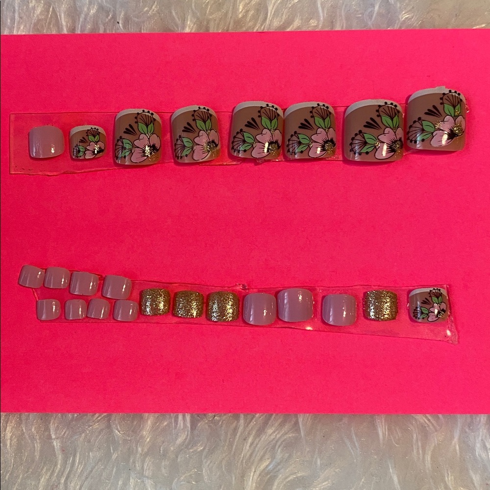 Floral and Glitter Press-On Toe Nails